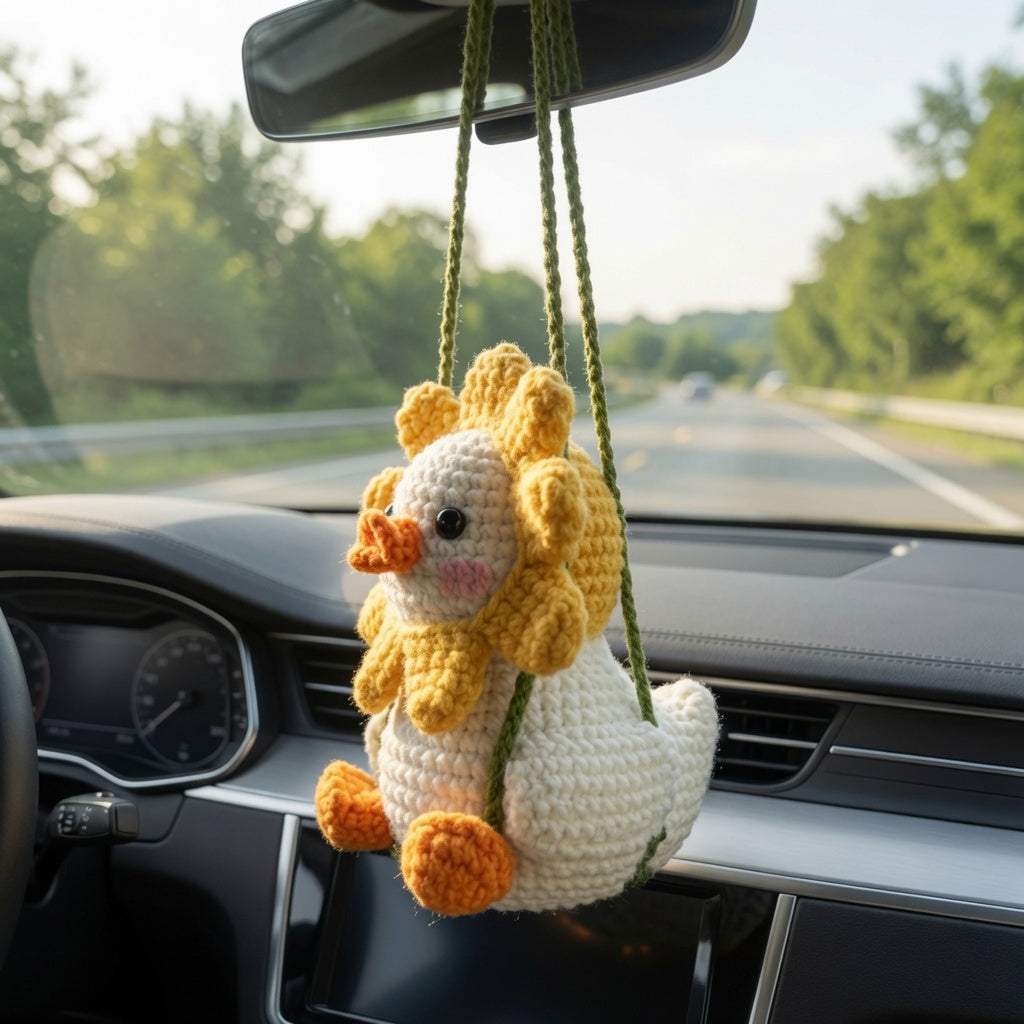 Cute Crochet Sunflower Duck Car Charm | Handmade Amigurumi Rearview Mirror Accessory