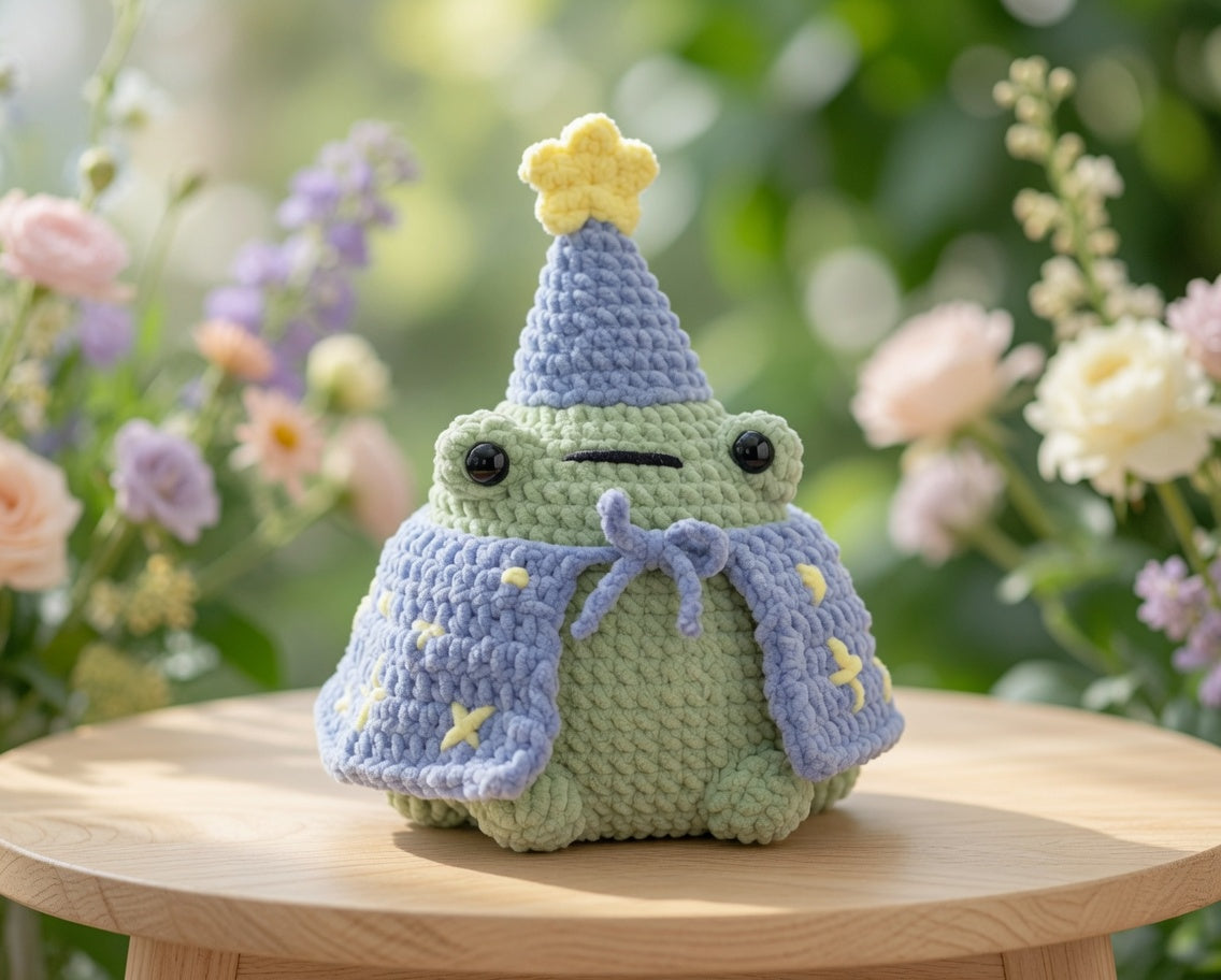Kawaii Wizard Frog Crochet Plushie | Velvet Amigurumi Magic Toad