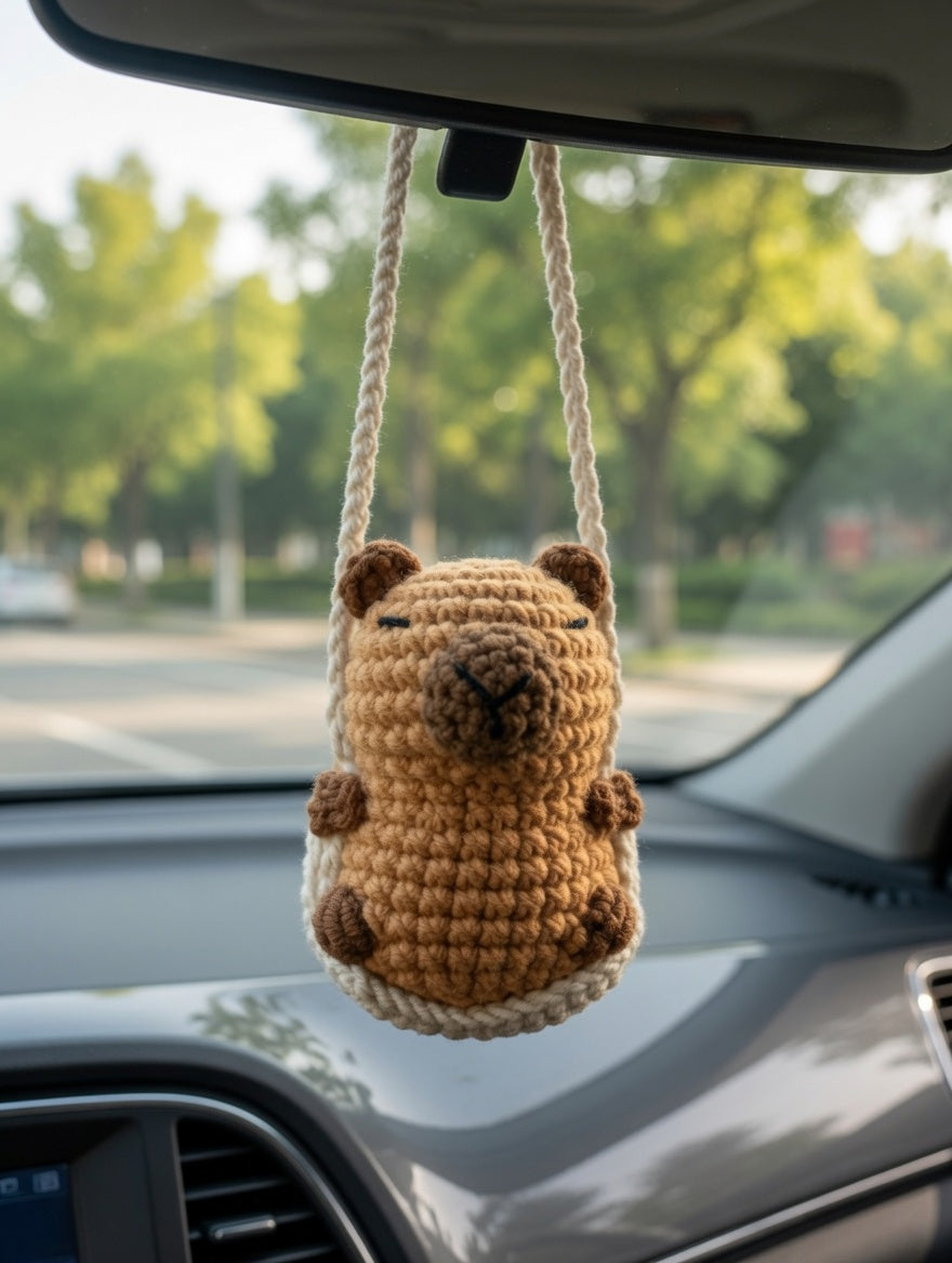 Chill Capybara on a Swing Car Charm | Cute Crochet Rearview Mirror Accessory