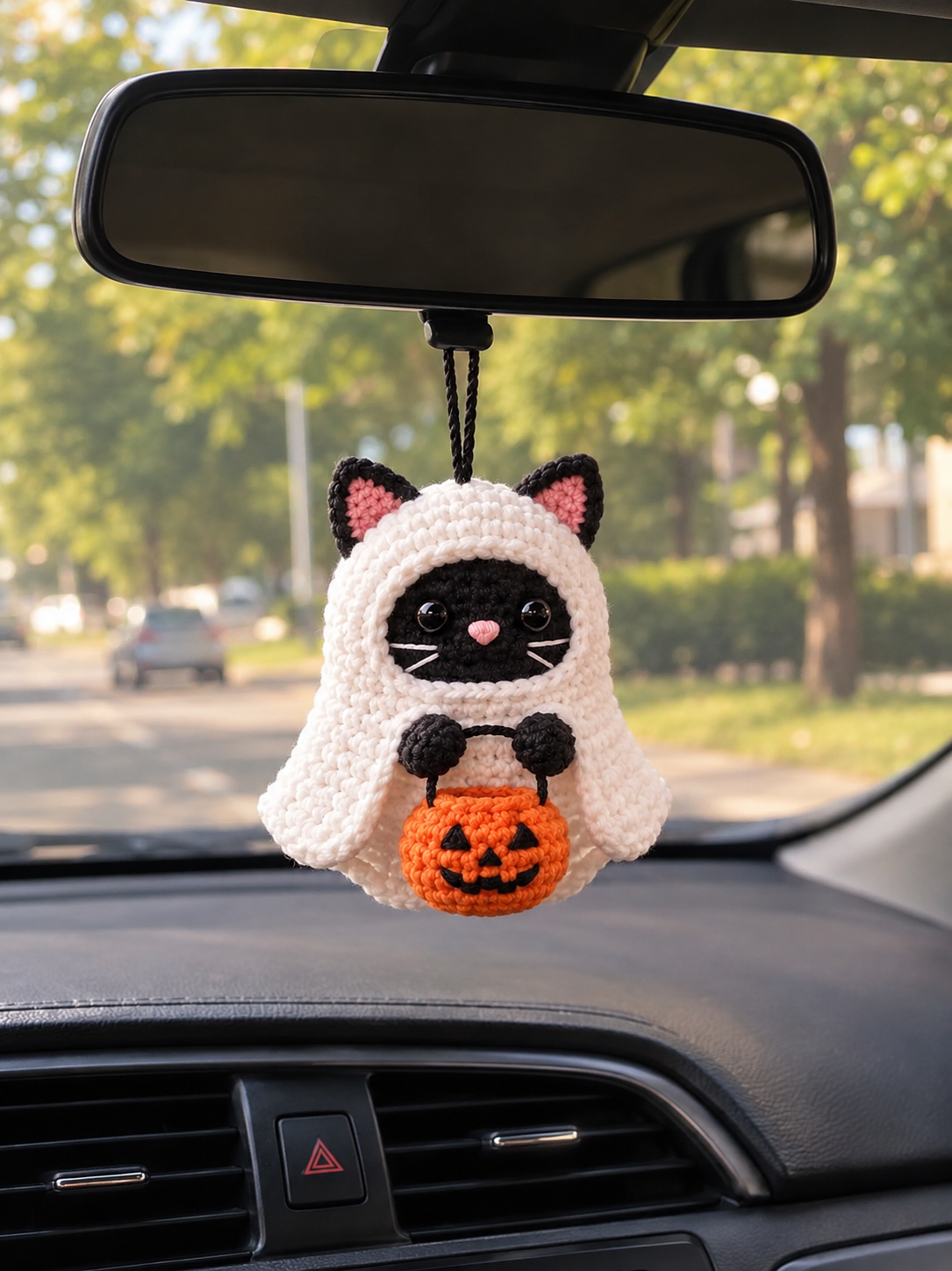 Handmade Crochet Siamese Cat Ghost Car Hanging Accessory | Spooky-Cute Halloween Mirror Charm