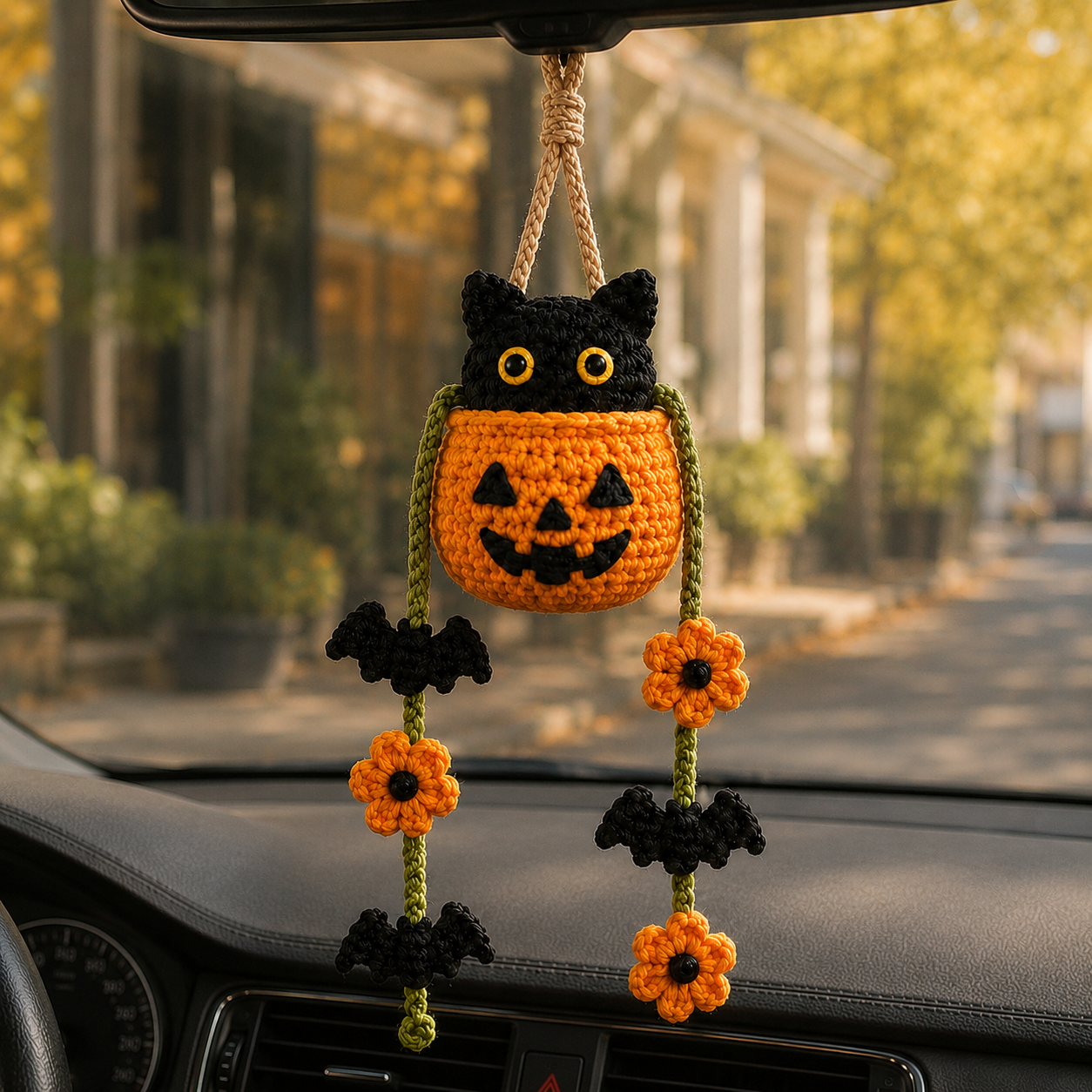 Handmade Crochet Halloween Cat in Pumpkin Car Hanging Ornament | Spooky-Cute Mirror Charm