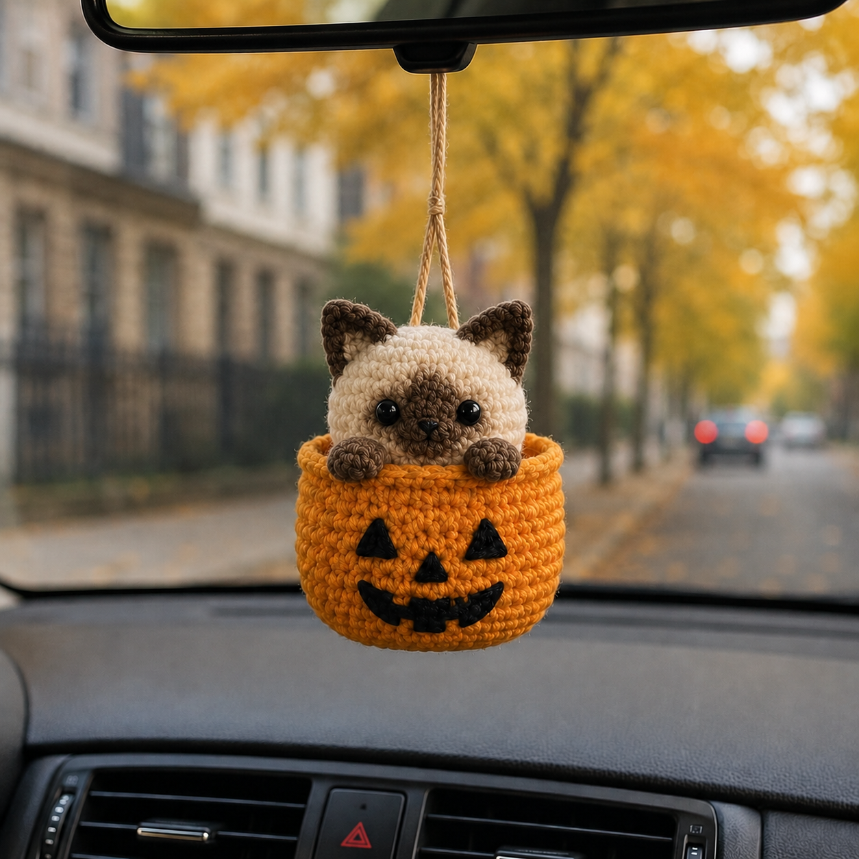 Handmade Crochet Halloween Cat in Pumpkin Car Hanging Ornament | Spooky-Cute Mirror Charm