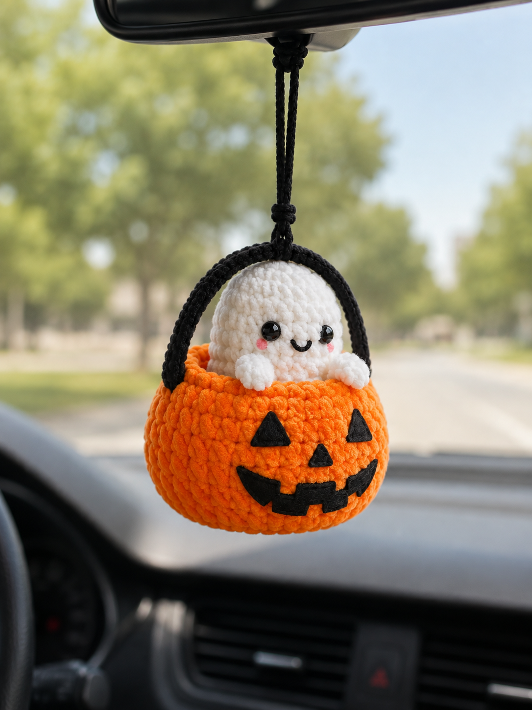 Handmade Crochet Halloween Ghost in Pumpkin Bucket Car Hanging Accessory | Spooky-Cute Mirror Charm