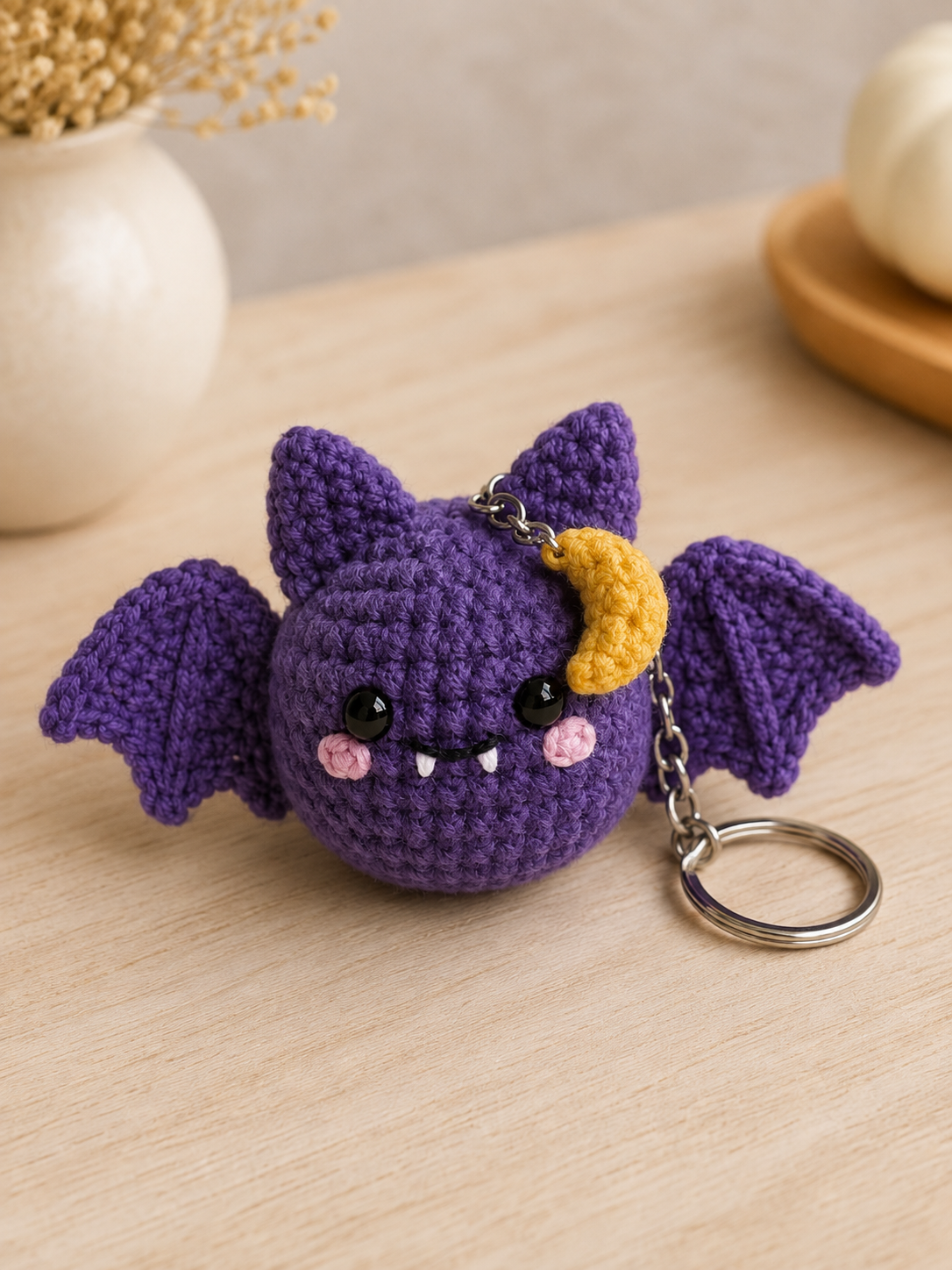 Handmade Crochet Purple Moon Bat Keychain | Spooky-Cute Halloween Bag Charm