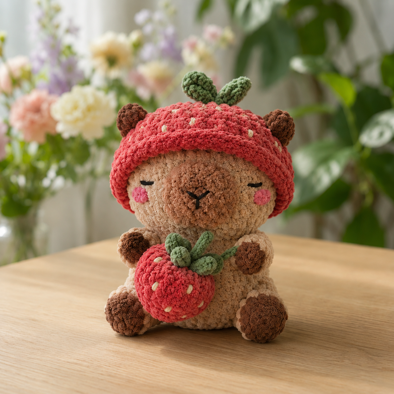 Handmade Crochet Fruit Hat Capybara Plushie | Soft Velvet Sleepy Capybara Stuffed Toy