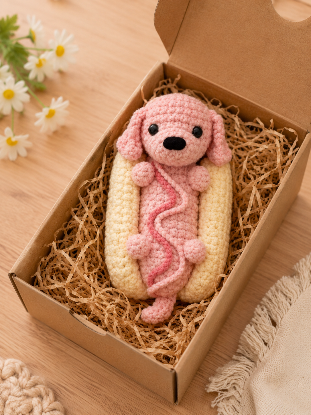Handmade Crochet Hot Dog Dachshund Plushie | Adorable Stuffed Puppy in Bun Toy
