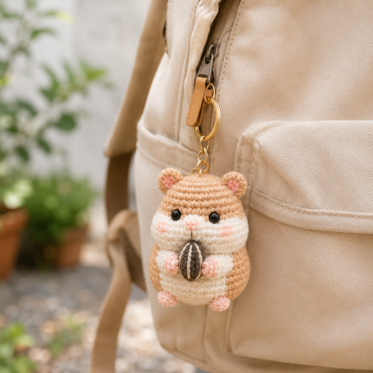 Handmade Crochet Hamster Holding a Sunflower Seed Keychain | Adorable Amigurumi Bag Charm