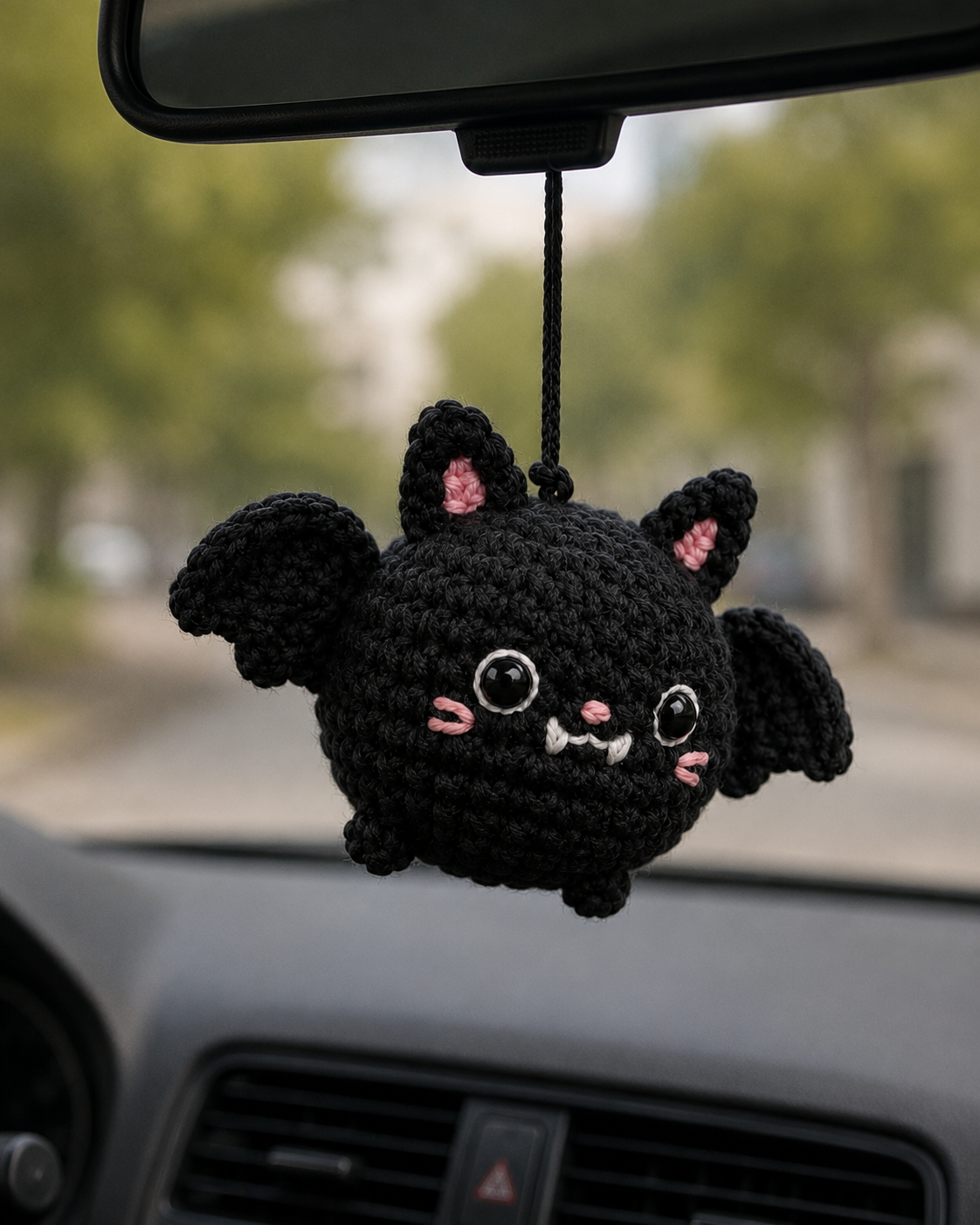 Spooky-Cute Crochet Bat Car Charm Pair | Handmade Amigurumi Halloween Rearview Mirror Accessory