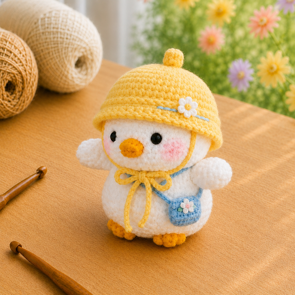 Handmade Crochet Duckling in Hat with Bag Plushie | Soft Milk Cotton Amigurumi Stuffed Animal