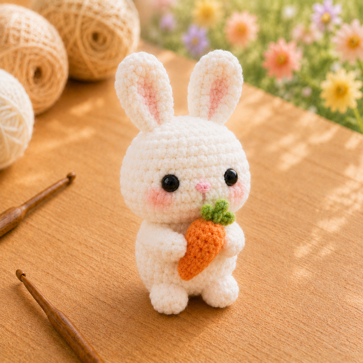 Handmade Crochet Bunny Holding a Carrot Plushie | Soft Milk Cotton Amigurumi Stuffed Animal