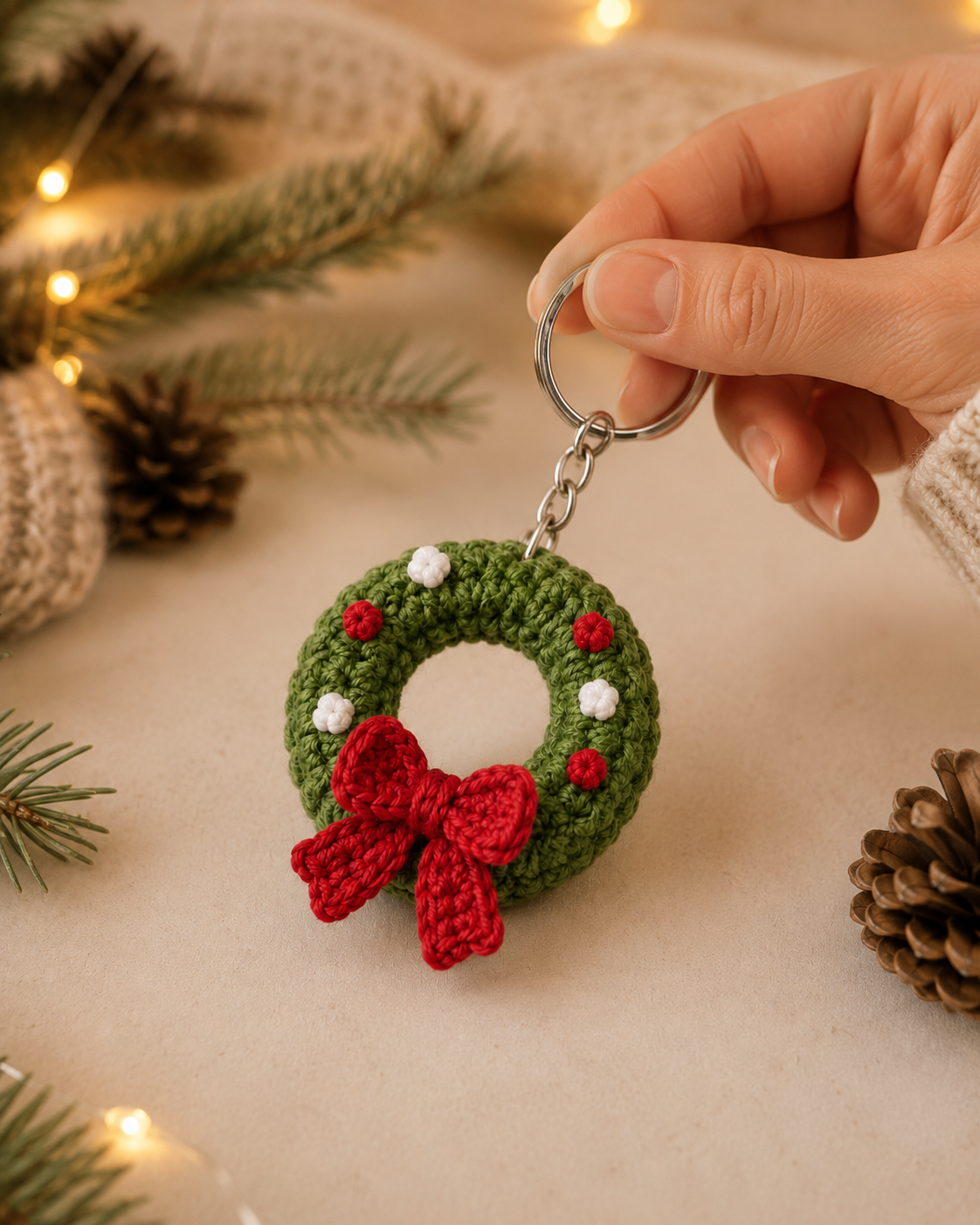 Festive Crochet Christmas Wreath Keychain | Handmade Amigurumi Holiday Bag Charm & Keyring