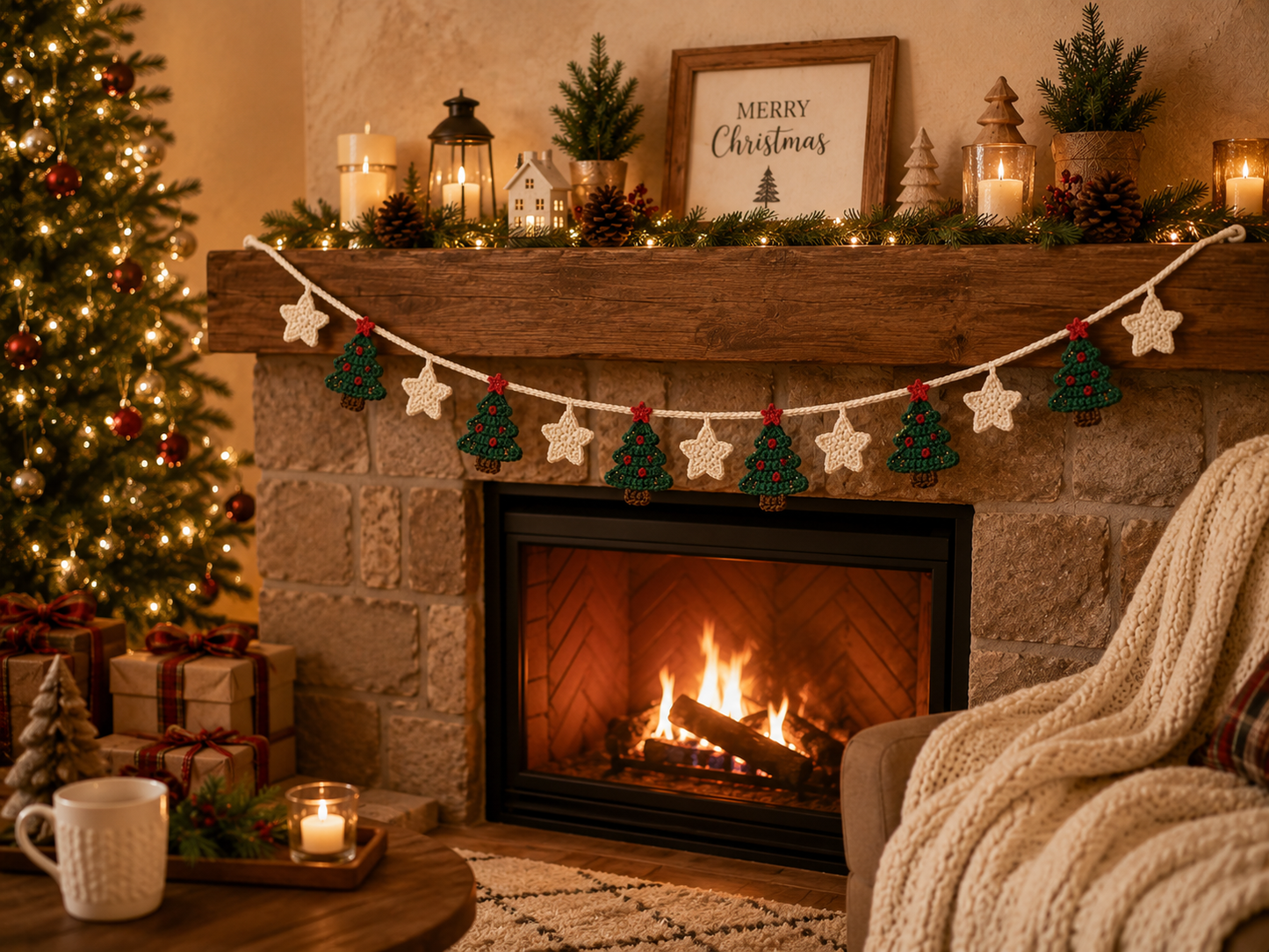 Festive Crochet Christmas Tree & Star Garland | Handmade Amigurumi Holiday Mantle Decor Bunting