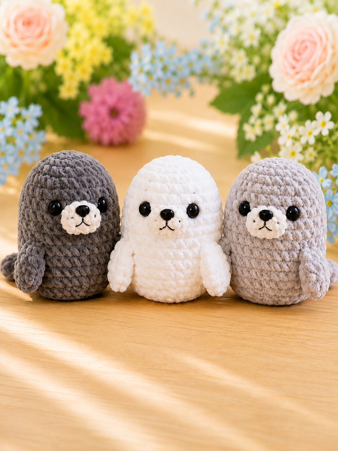 Handmade Crochet Baby Seal Plushies Set | Soft Velvet Amigurumi Stuffed Animal Toys