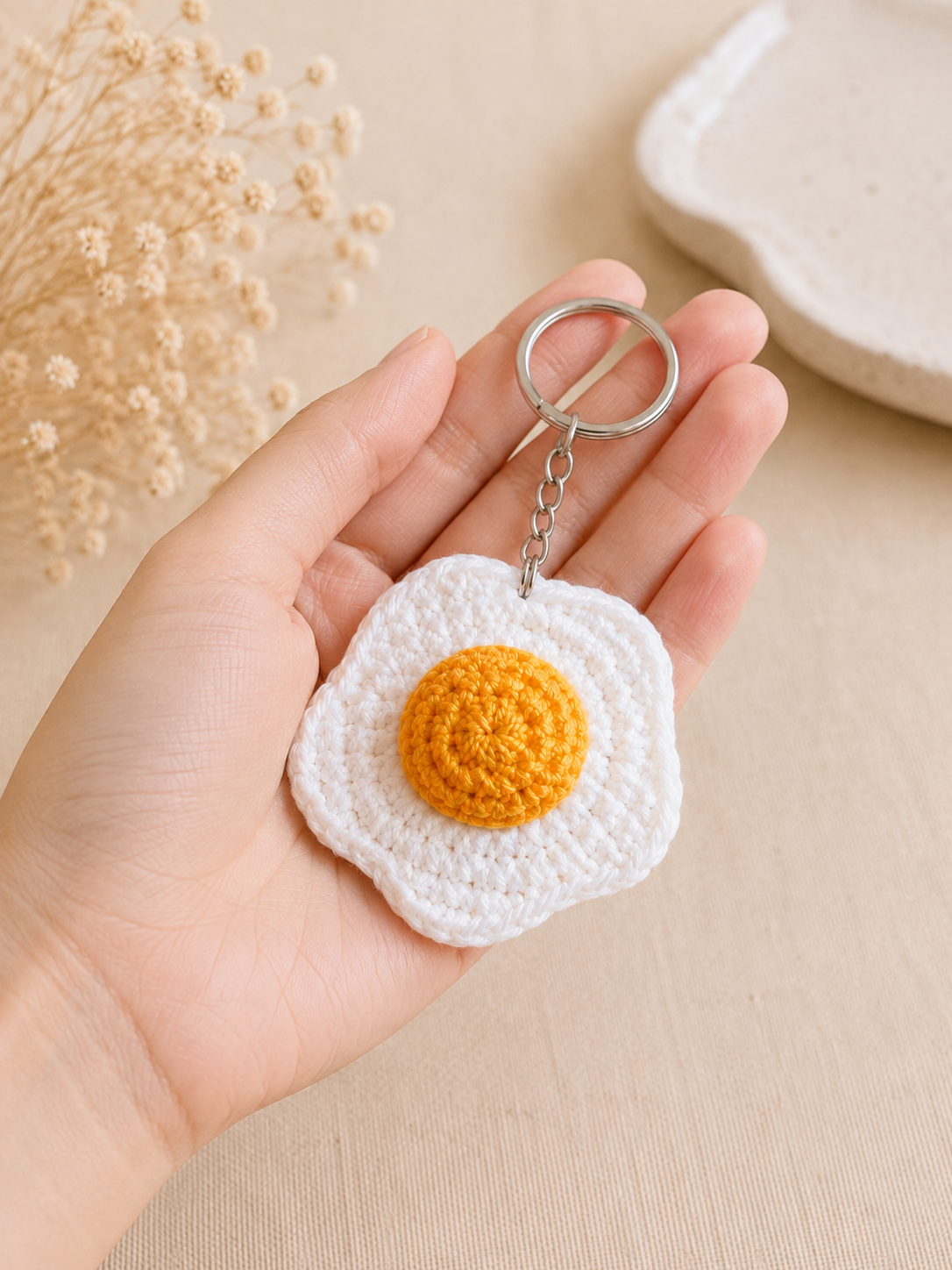 Handmade Crochet Fried Egg Keychain | Minimalist Kawaii Sunny-Side Up Bag Charm