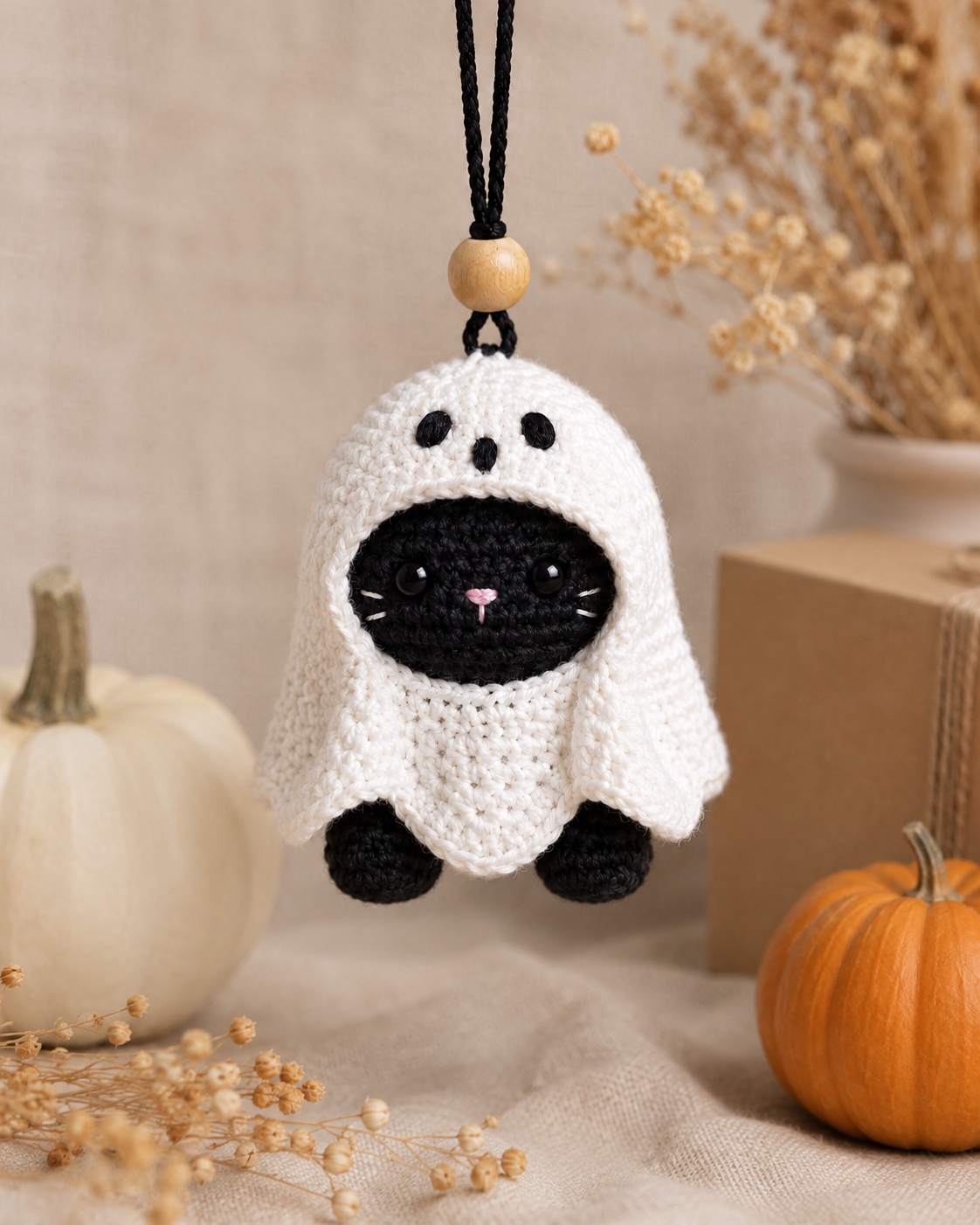 Spooky-Cute Crochet Ghost Cat Car Charm | Handmade Amigurumi Halloween Rearview Mirror Accessory