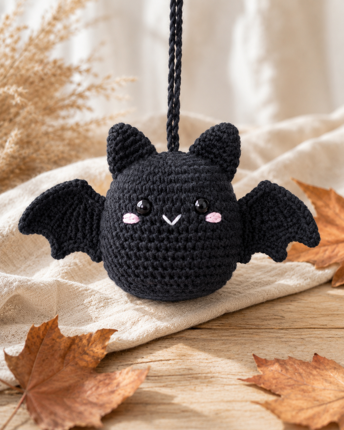 Spooky-Cute Crochet Black Bat Car Charm | Handmade Amigurumi Halloween Rearview Mirror Accessory