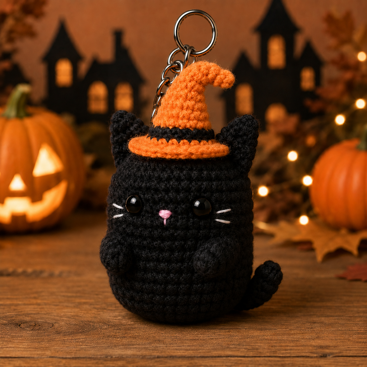 Spooky-Cute Crochet Witch Cat Keychain | Handmade Amigurumi Halloween Bag Charm