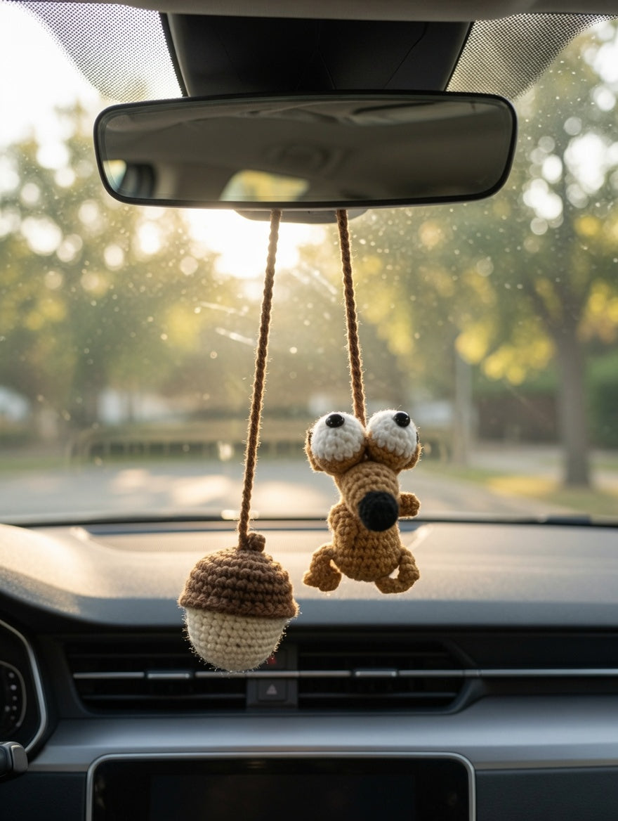 Hilarious Prehistoric Squirrel Amigurumi Car Hanger | Handmade Auto Decor Gift