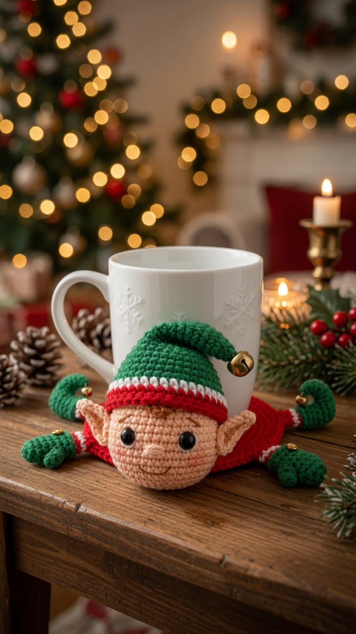 Handmade Crochet Christmas Elf Mug Rug | Festive Amigurumi Drink Coaster