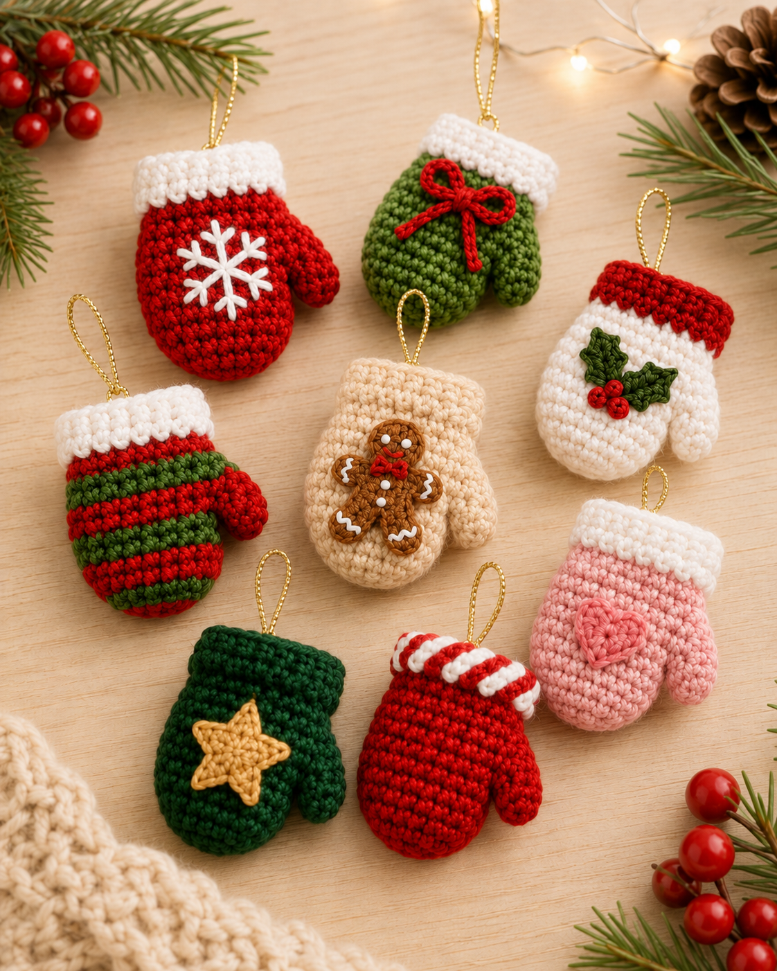 Festive Crochet Christmas Mitten Ornaments Set | Handmade Amigurumi Holiday Tree Hanging Decorations