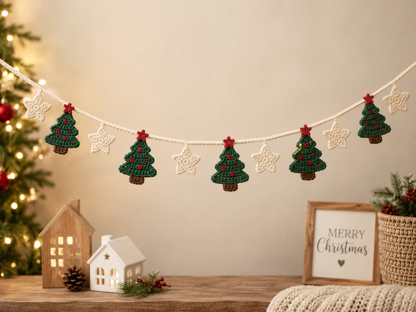 Festive Crochet Christmas Tree & Star Garland | Handmade Amigurumi Holiday Mantle Decor Bunting