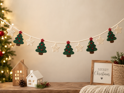 Festive Crochet Christmas Tree & Star Garland | Handmade Amigurumi Holiday Mantle Decor Bunting