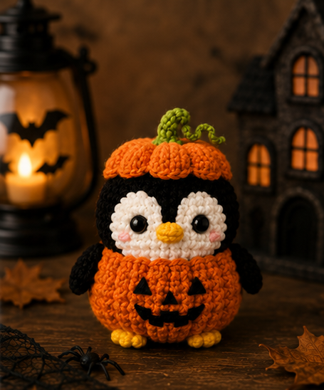 Spooky-Cute Crochet Pumpkin Penguin Keychain | Handmade Amigurumi Halloween Bag Charm