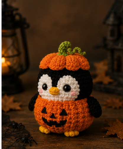 Spooky-Cute Crochet Pumpkin Penguin Keychain | Handmade Amigurumi Halloween Bag Charm