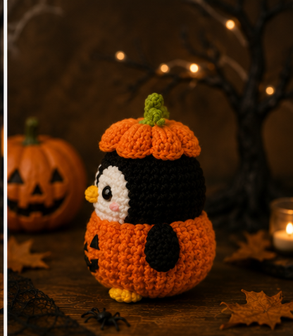 Spooky-Cute Crochet Pumpkin Penguin Keychain | Handmade Amigurumi Halloween Bag Charm