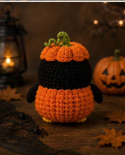 Spooky-Cute Crochet Pumpkin Penguin Keychain | Handmade Amigurumi Halloween Bag Charm