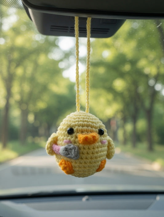 Funny Crochet Duck with Knife Car Charm | Handmade Amigurumi Rearview Mirror Accessory