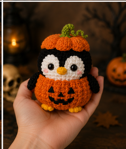 Spooky-Cute Crochet Pumpkin Penguin Keychain | Handmade Amigurumi Halloween Bag Charm