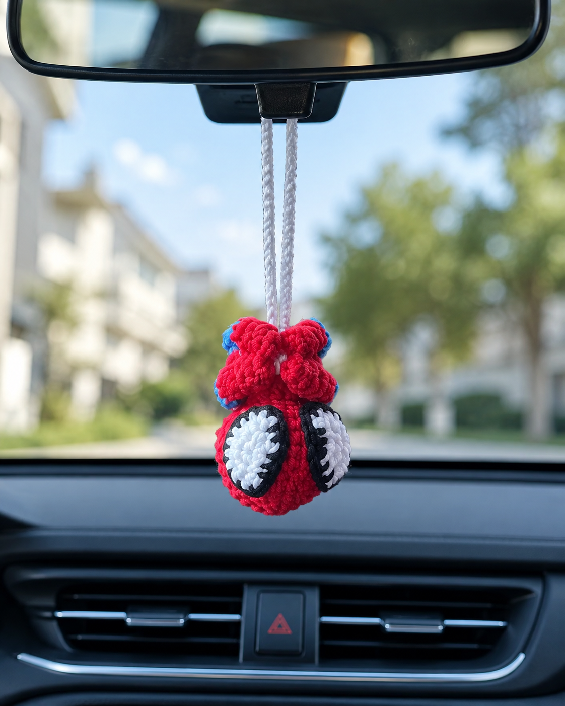Cute Hero Web-Slinger Crochet Car Charm | Handmade Amigurumi Rearview Mirror Accessory