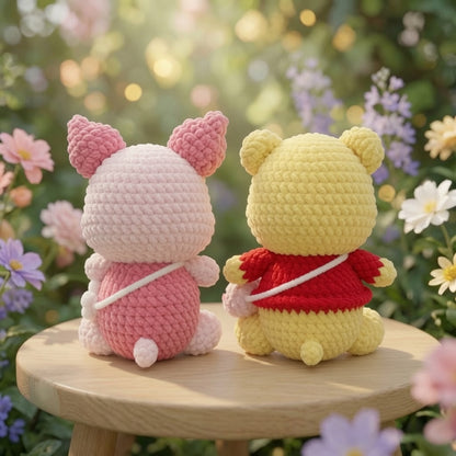 Fluffy Honey Bear and Pink Piglet Crochet Plush Set | Velvet Amigurumi Bestie Toys