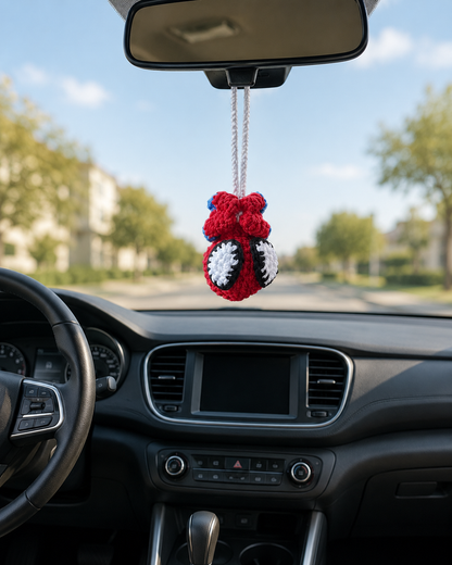 Cute Hero Web-Slinger Crochet Car Charm | Handmade Amigurumi Rearview Mirror Accessory