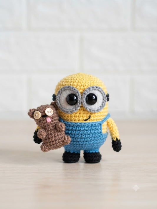 Cute Crochet Goggles Henchman with Bear Plushie | Handmade Amigurumi Yellow Companion Toy