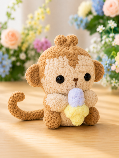 Fluffy Crochet Monkey with Ice Cream Plushie | Velvet Amigurumi Stuffed Animal