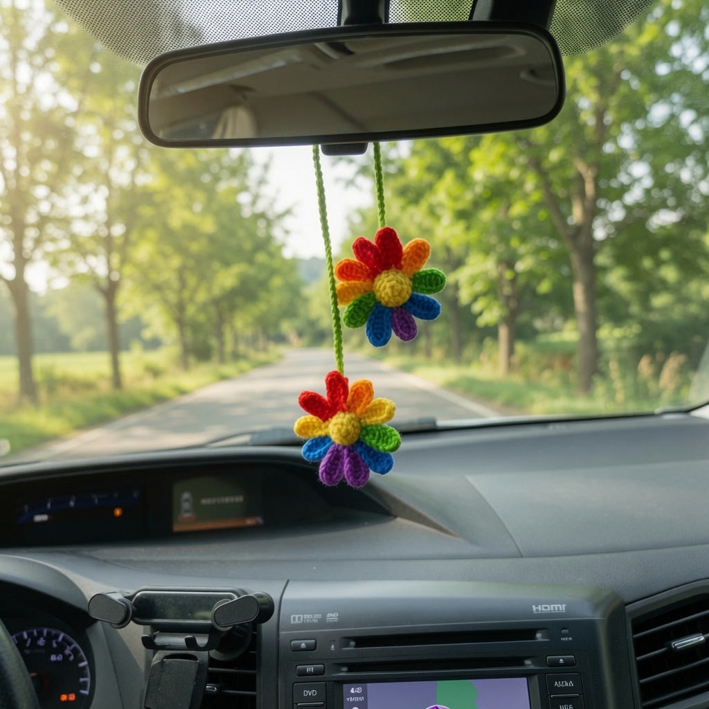 Colorful Crochet Rainbow Flower Car Charm | Handmade Amigurumi Rearview Mirror Accessory