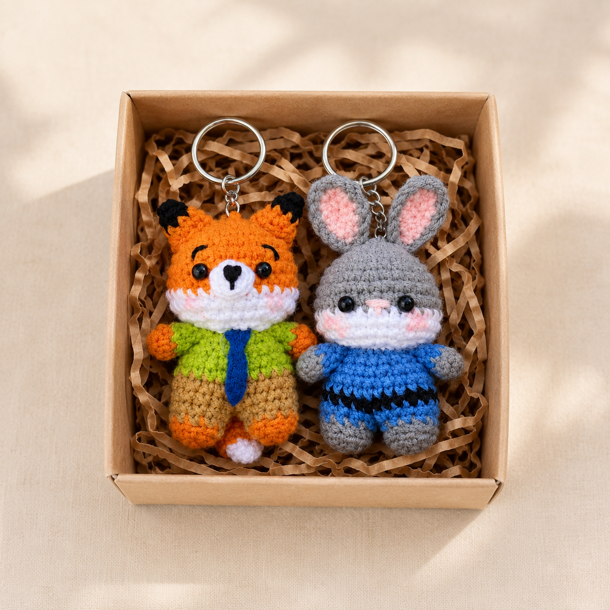 Cute Crochet Fox and Bunny Keychain Set | Handmade Amigurumi Detective Duo Bag Charm