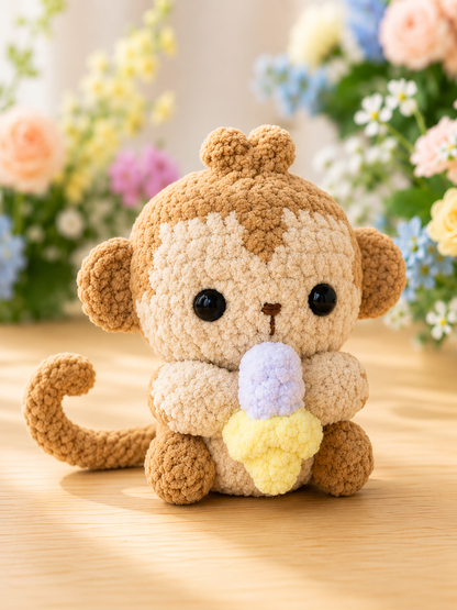 Fluffy Crochet Monkey with Ice Cream Plushie | Velvet Amigurumi Stuffed Animal