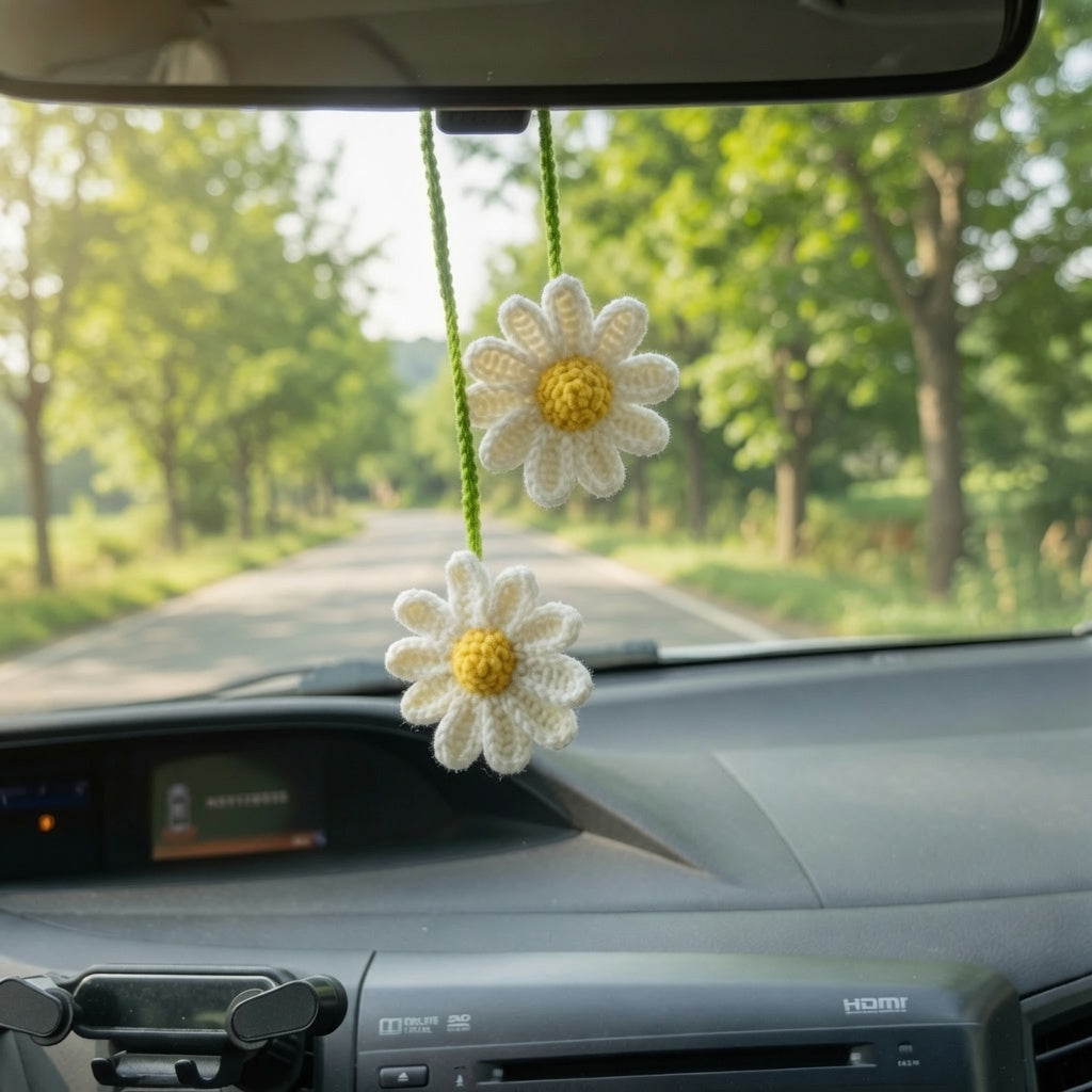 Colorful Crochet Rainbow Flower Car Charm | Handmade Amigurumi Rearview Mirror Accessory