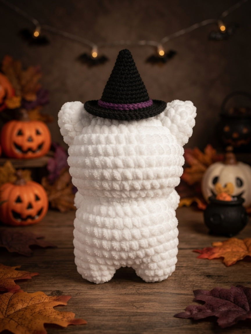 Fluffy Crochet Witch Cat Plushie | Velvet Amigurumi Halloween Kitty Stuffed Toy
