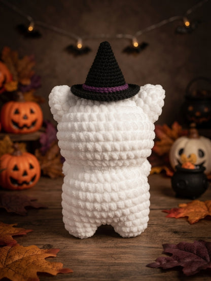 Fluffy Crochet Witch Cat Plushie | Velvet Amigurumi Halloween Kitty Stuffed Toy