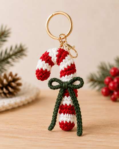 Festive Crochet Candy Cane Keychain | Handmade Amigurumi Christmas Bag Charm & Keyring