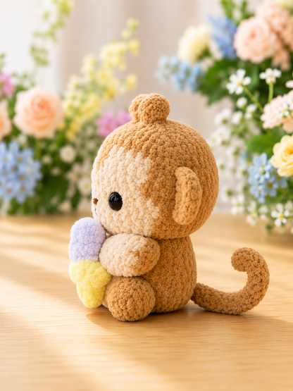 Fluffy Crochet Monkey with Ice Cream Plushie | Velvet Amigurumi Stuffed Animal