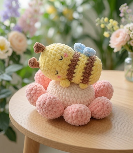 Sleepy Bumblebee on Flower Cushion Crochet Plushie | Velvet Amigurumi Stuffed Toy