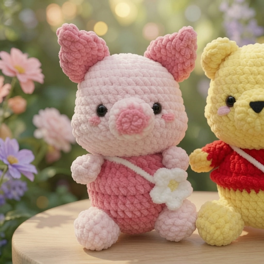 Fluffy Honey Bear and Pink Piglet Crochet Plush Set | Velvet Amigurumi Bestie Toys
