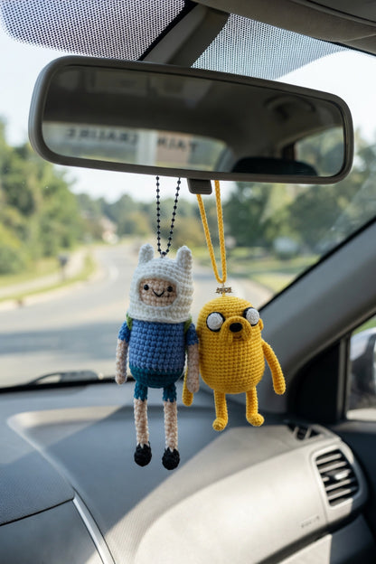 Crochet Finn and Jake Best Friends Duo Car Charm — Cute Cartoon Buddy Set, Handmade Mirror Hanger