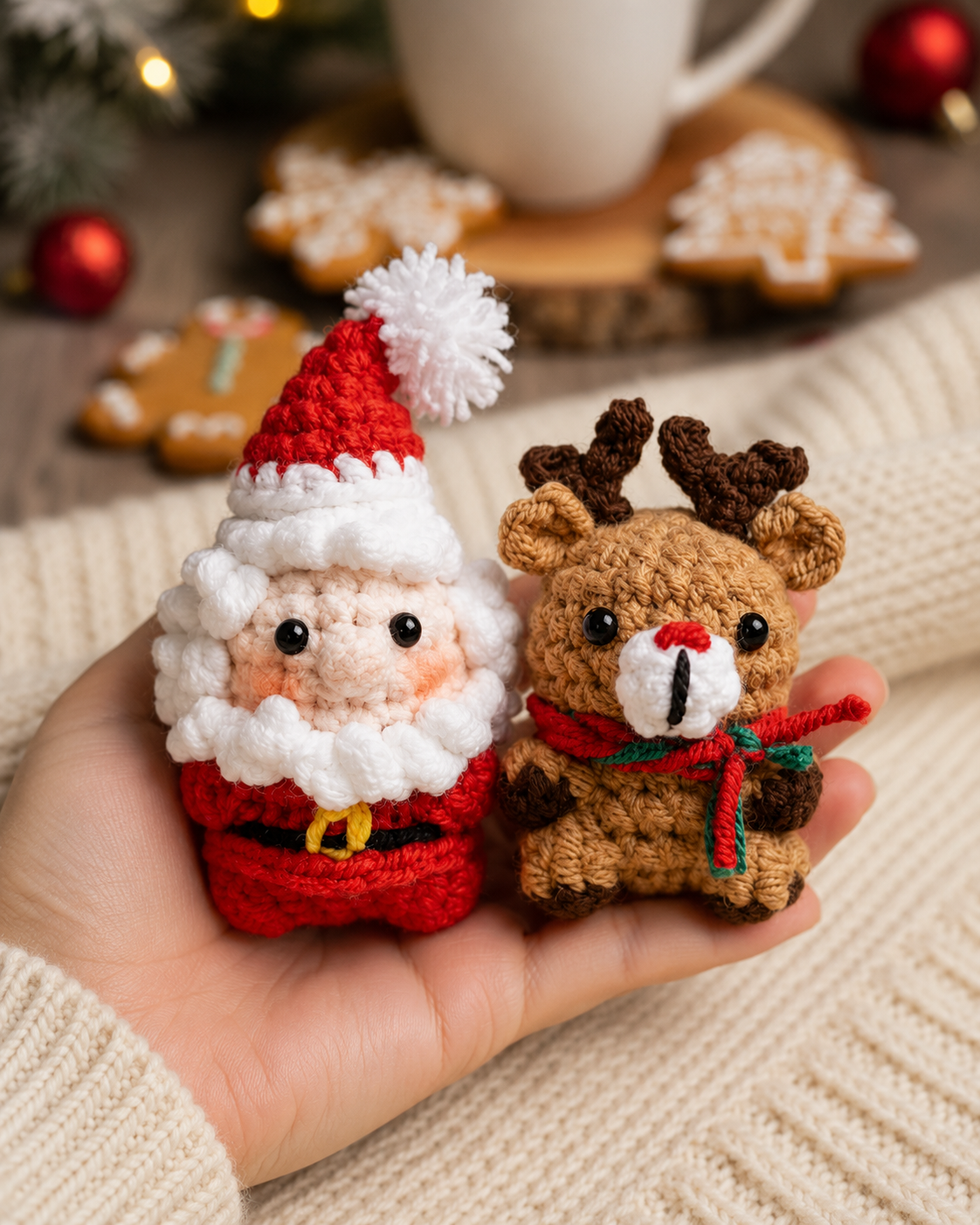 Handmade Crochet Santa and Reindeer Holiday Set | Amigurumi Christmas Plushie Duo