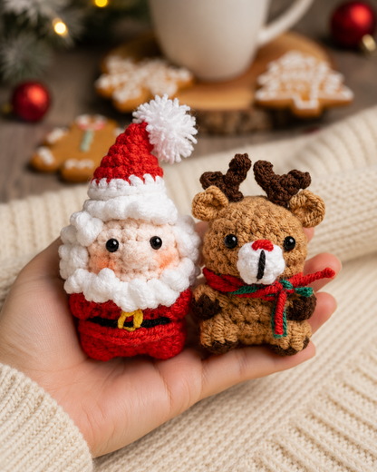 Handmade Crochet Santa and Reindeer Holiday Set | Amigurumi Christmas Plushie Duo